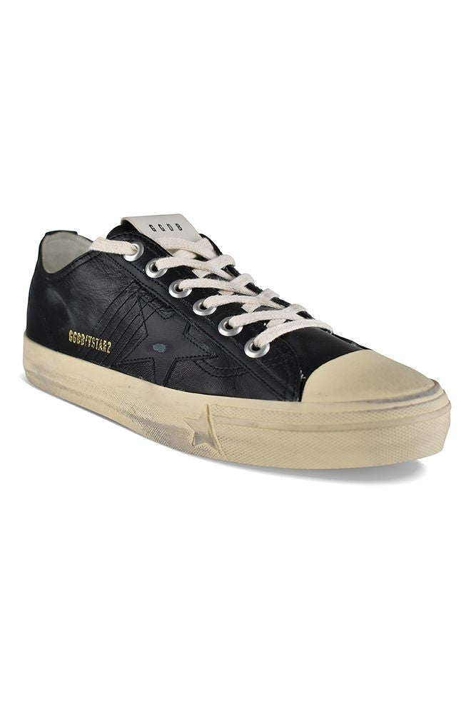 Golden Goose Black Leather Low-Top Sneakers With Vintage Effect