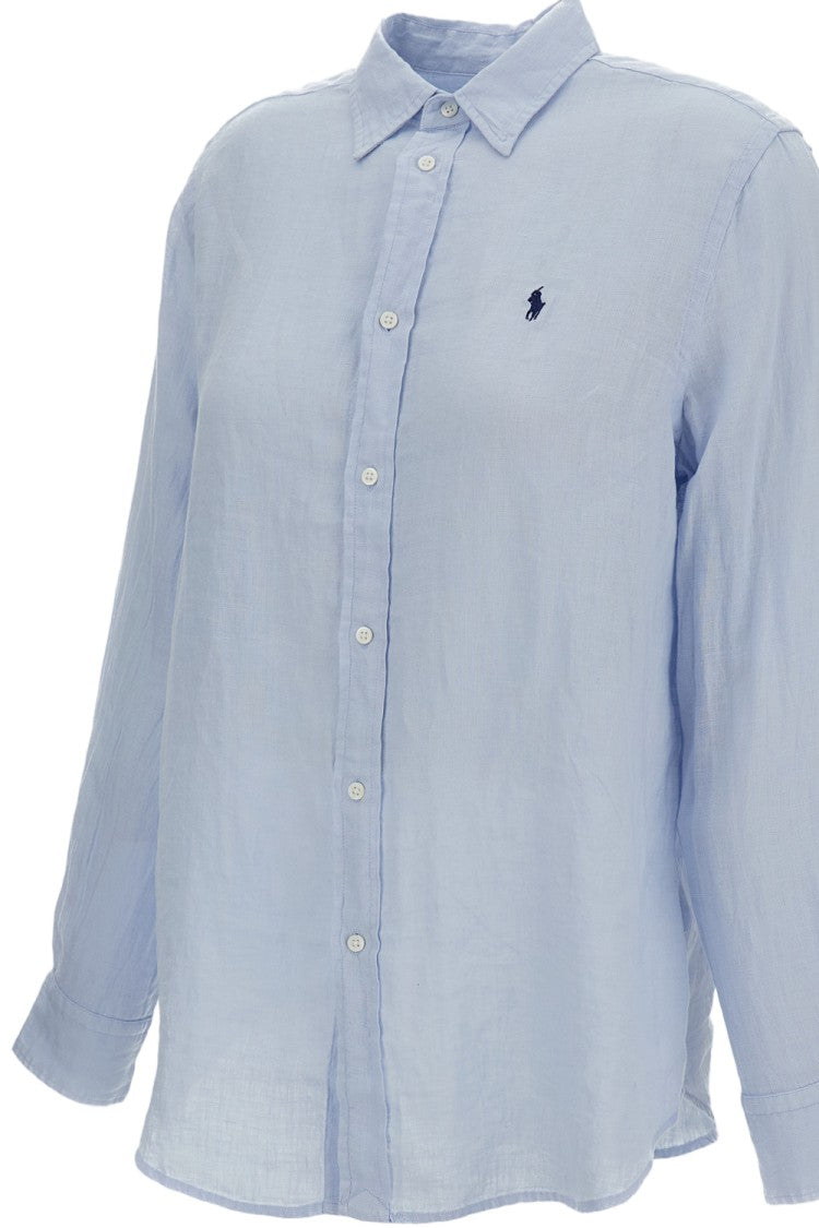 Polo Ralph Lauren Light Blue Linen Blouse With Logo