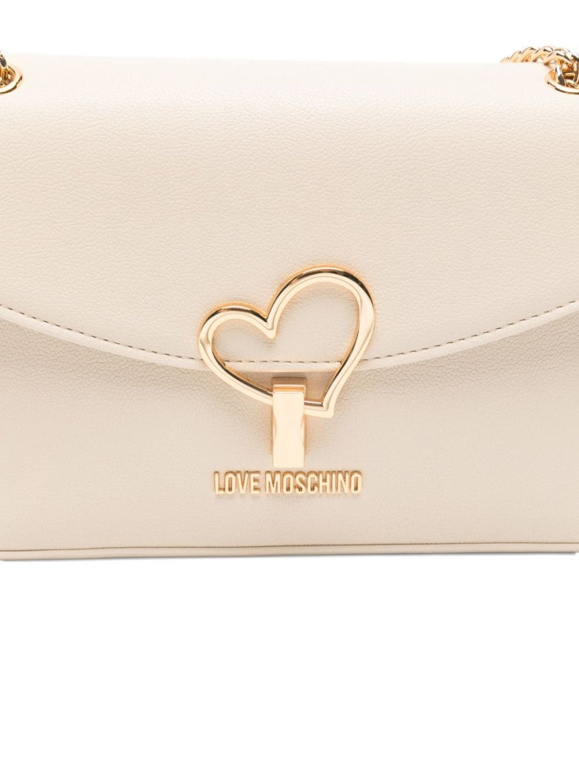 Love Moschino Ivory Shoulder Bag With Gold-Tone Heart Clasp And Chain Strap