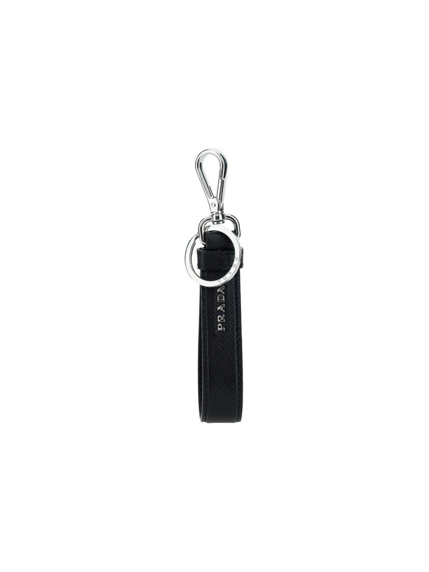 Prada Textured Leather Keyring With Triangular Metal Logo Plaque
