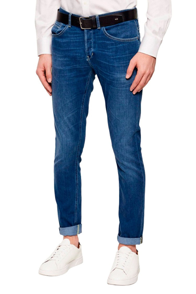 Dondup Blue Slim-Fit Cuffed Cotton-Blend Jeans