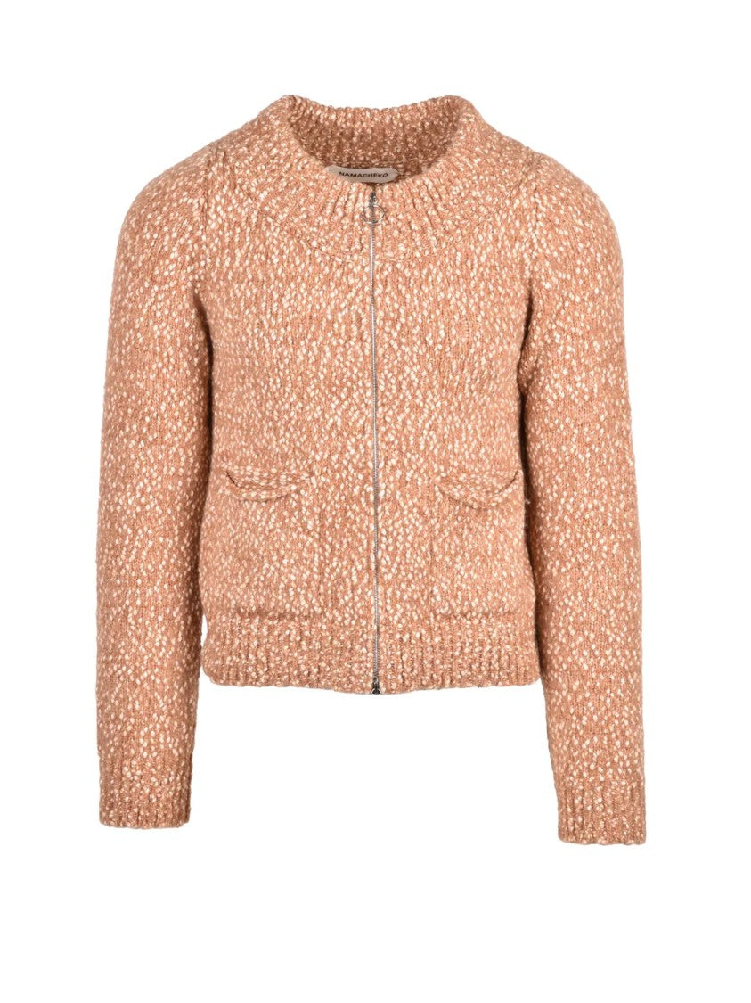 Namacheko Brown Textured Knit Zip Crewneck Wool-Blend Cardigan