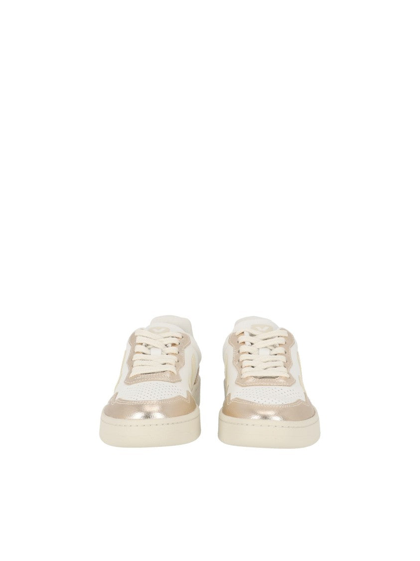 Veja White V-90 Metallic Accent Low-Top Sneakers
