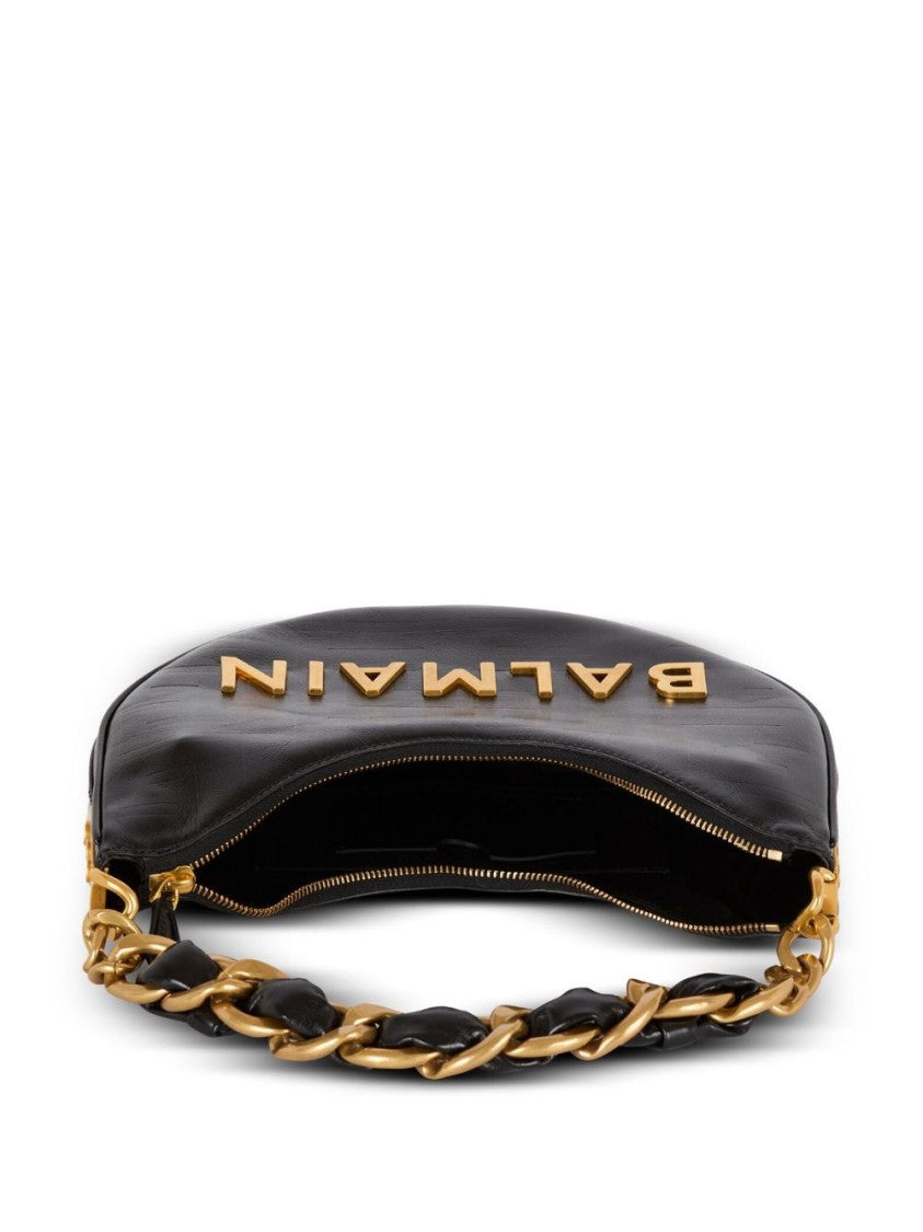Balmain Black Crescent Shaped Leather Shoulder Bag