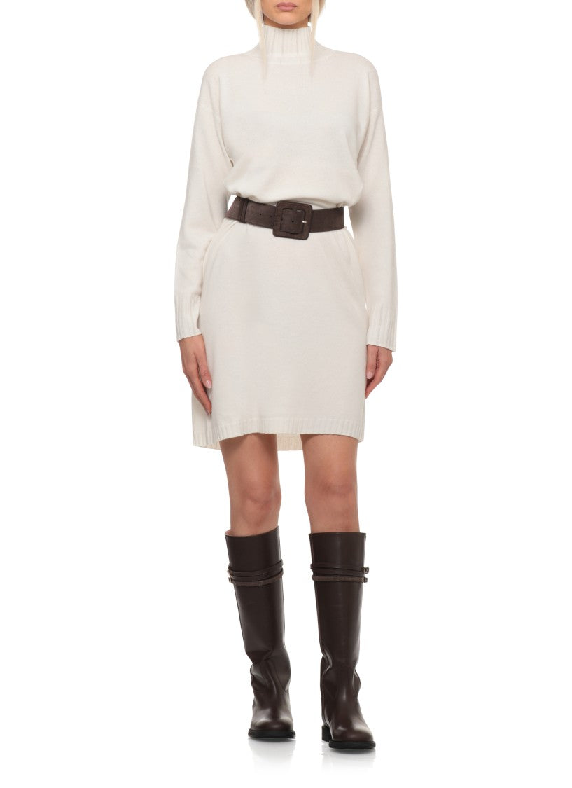 Fabiana Filippi Ivory Wool Blend Mini Dress With High Neck