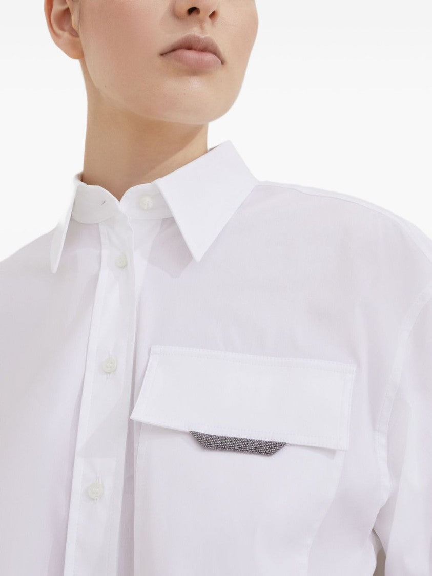 Brunello Cucinelli Classic White Shirt With Pointed Collar And Modern Mesh Detail