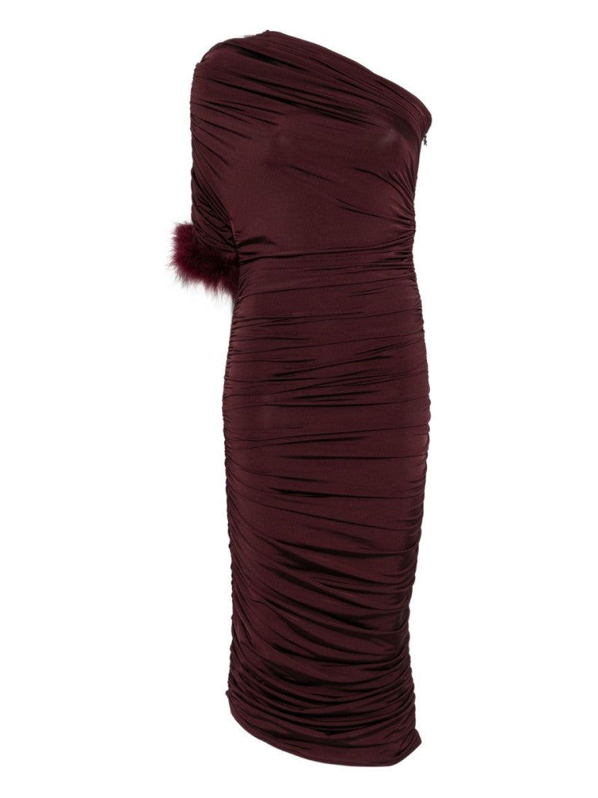 Mugler Burgundy One Shoulder Feather Trim Dress