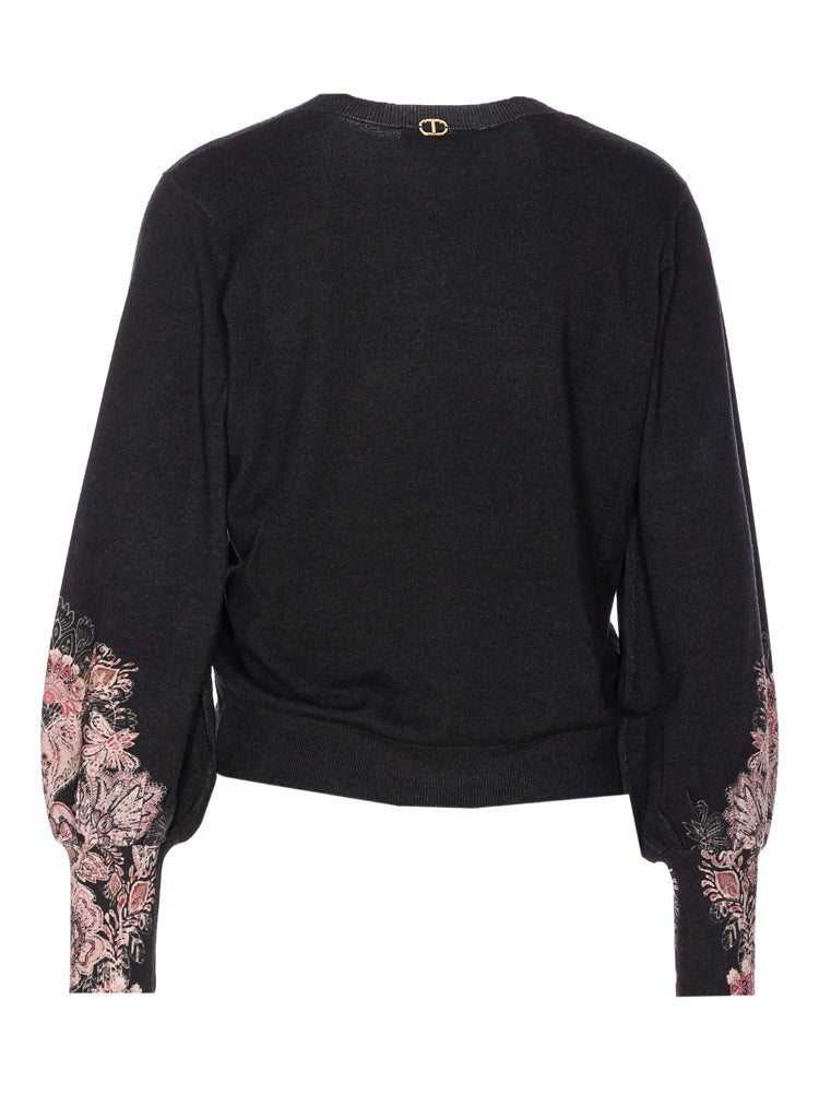 Twin-Set Embroidered Cropped Sweater With Round Neckline And Decorative Sleeves