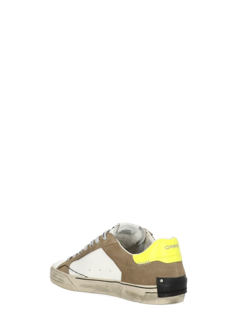 Crime London White Distressed Yellow Detail Leather Sneakers