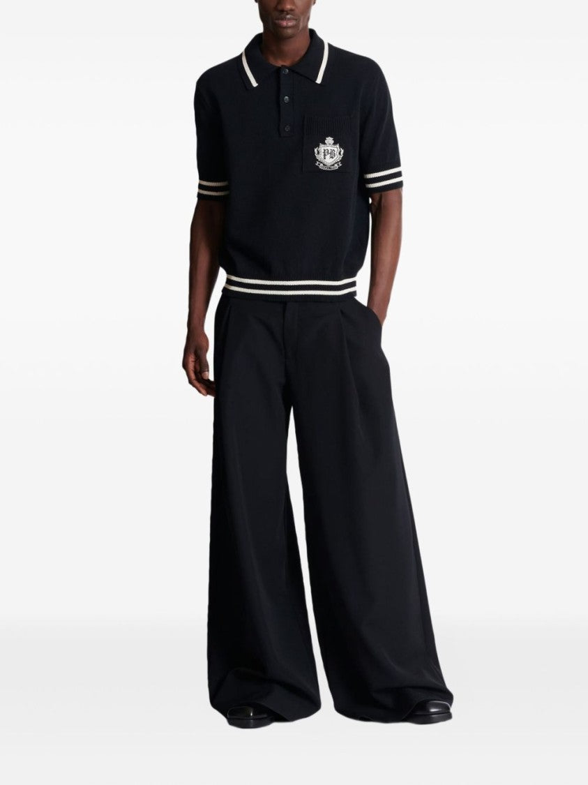 Balmain Black Ribbed Emblem Knit Polo Shirt
