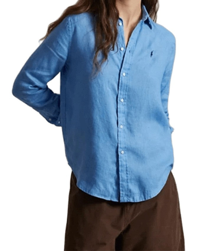 Polo Ralph Lauren Light Blue Linen Shirt With Pearl Buttons And Embroidered Detail