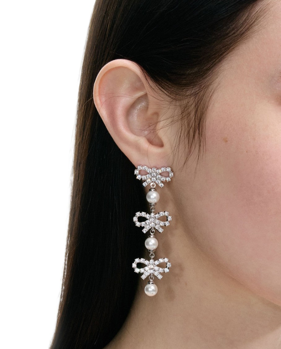 Self-Portrait Micro Bow Pearl Tiered Drop Earrings With Crystal Accents