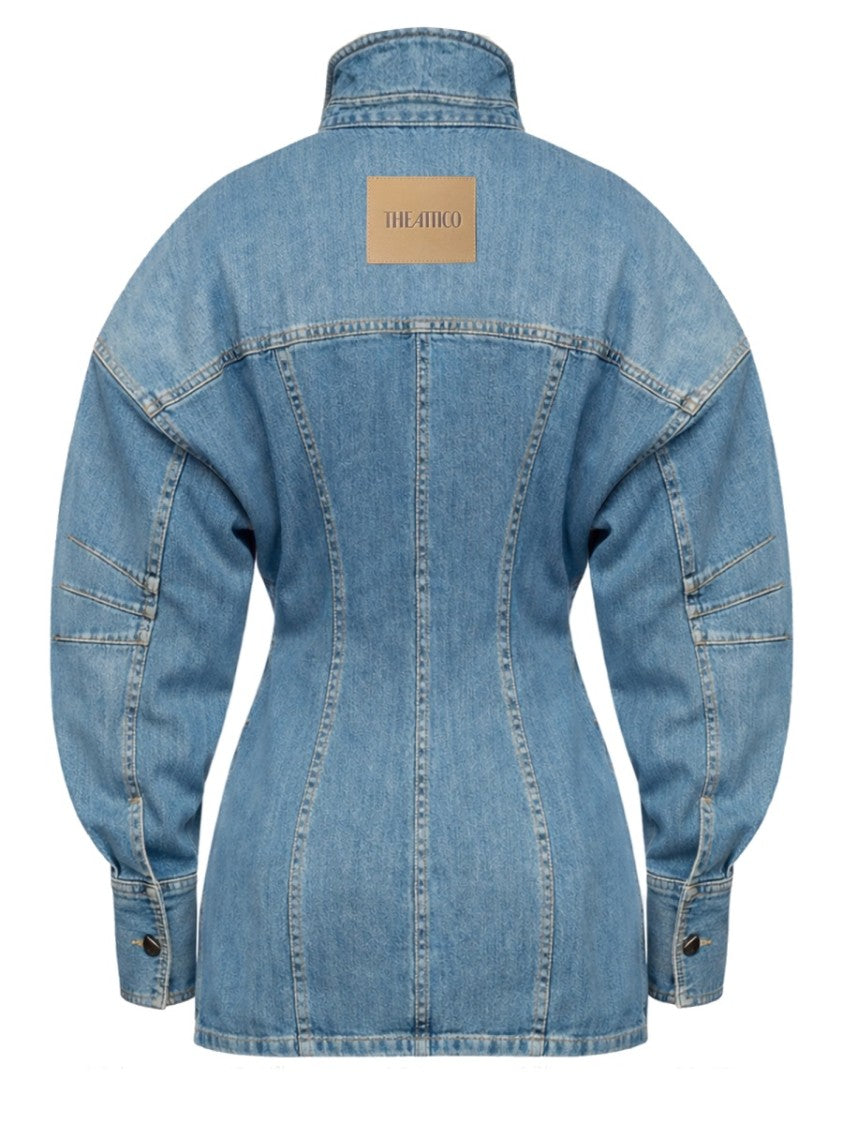 The Attico Neutrals Denim Long Puffed Sleeves Mini Dress