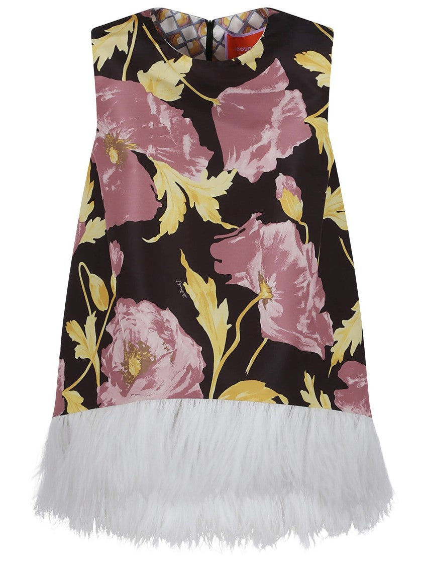 La Double J Floral Print Top With Feather Trim