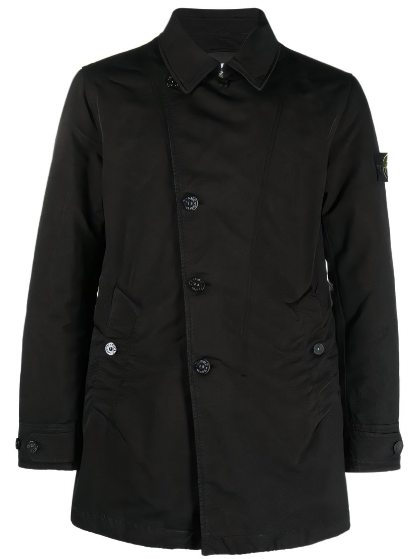 Stone Island Structured Black Coat With Button-Up Front