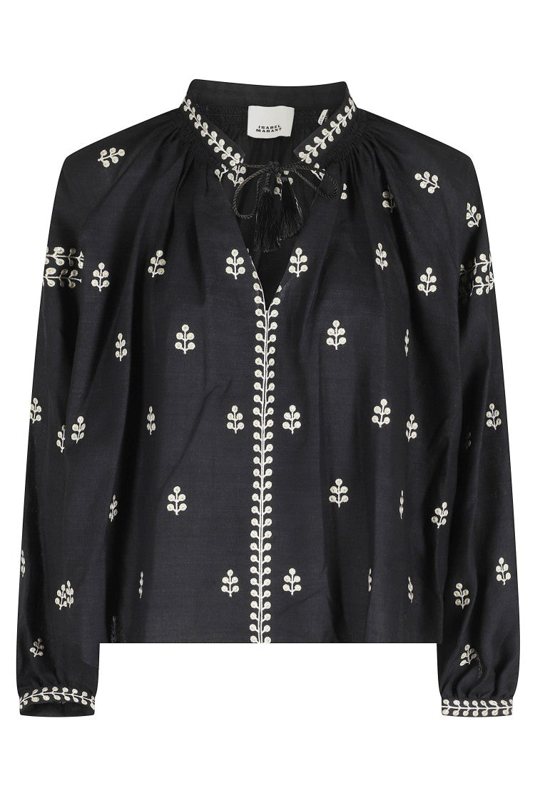 Isabel Marant Black Rodis Gb Embroidered Deep V-Neck Silk Blouse