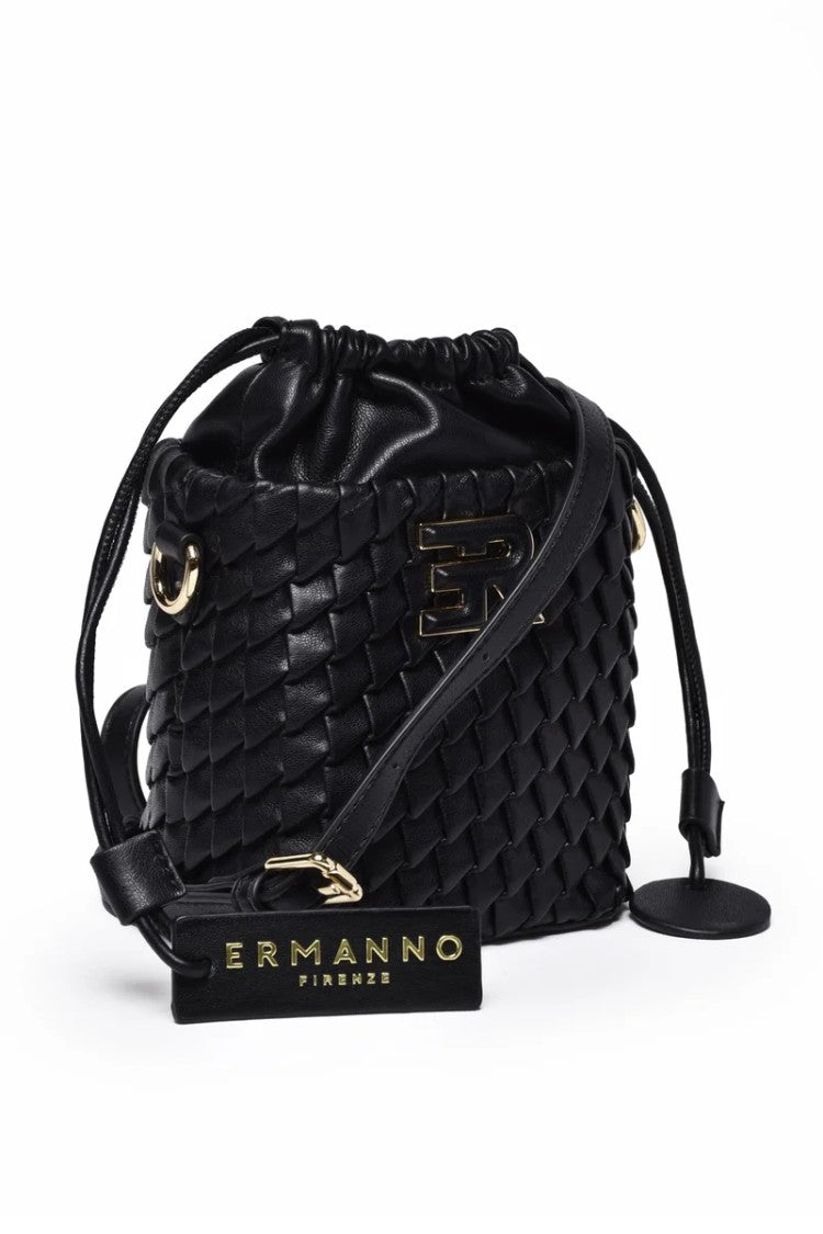 Ermanno Firenze Black Polyurethane Bucket Teagan Bag