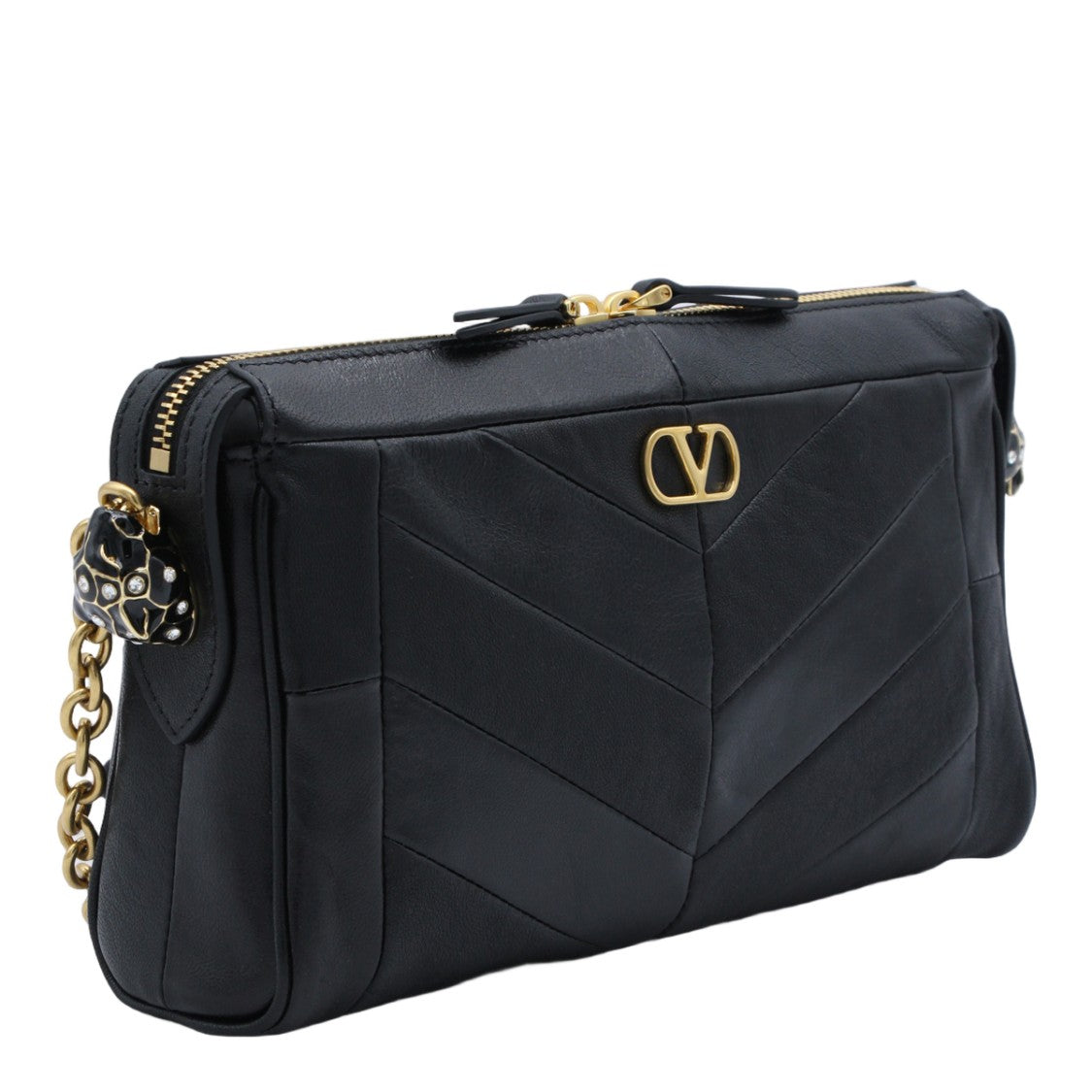 Valentino Garavani Chevron-Pattern Black Leather Bag With Gold Accents