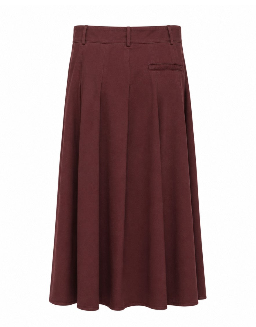Pomandère Burgundy High-Waist Pleated Cotton-Wool Midi Skirt