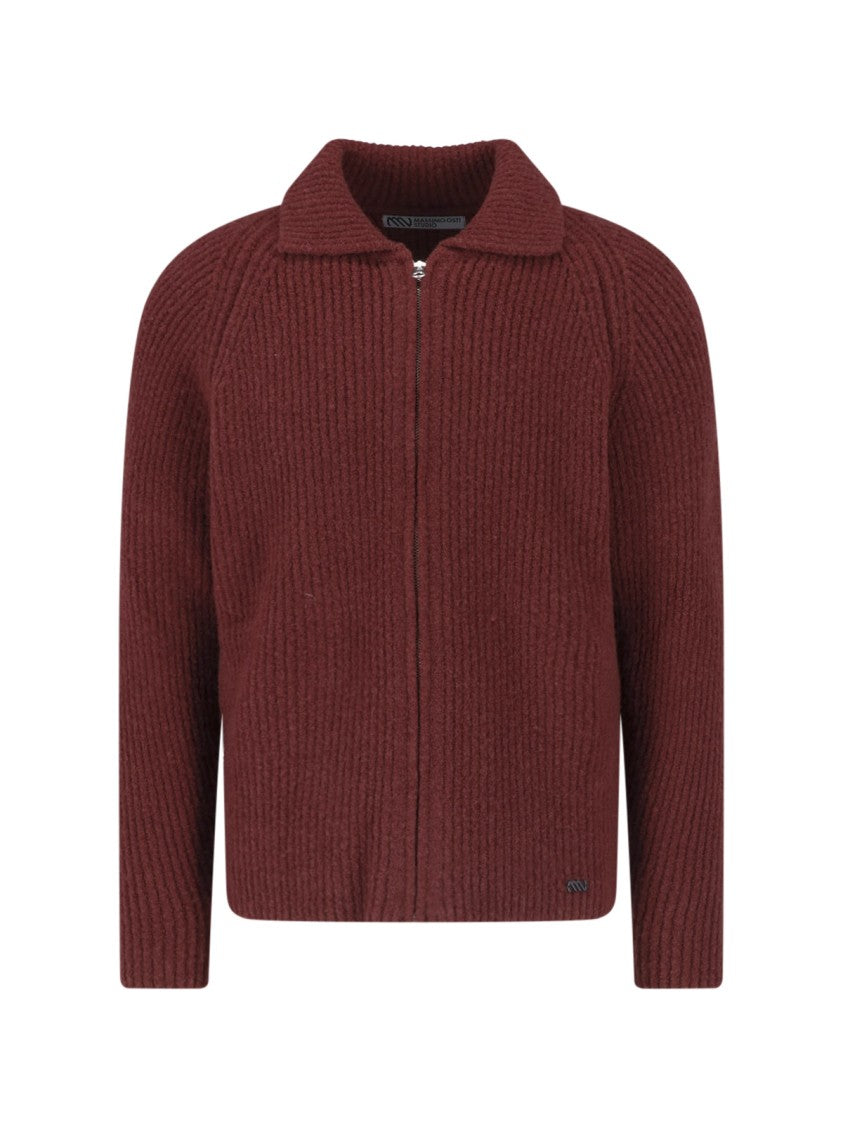Massimo Osti Studio Bordeaux Wool-Blend Ribbed Zip-Through Knit