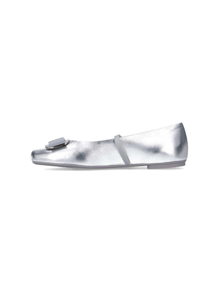 Ferragamo Rounded Toe Metallic Silver Flat Shoes