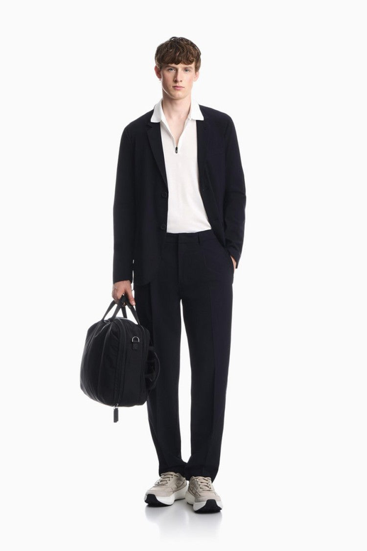 Emporio Armani Navy Pleated Tapered Viscose-Blend Pants