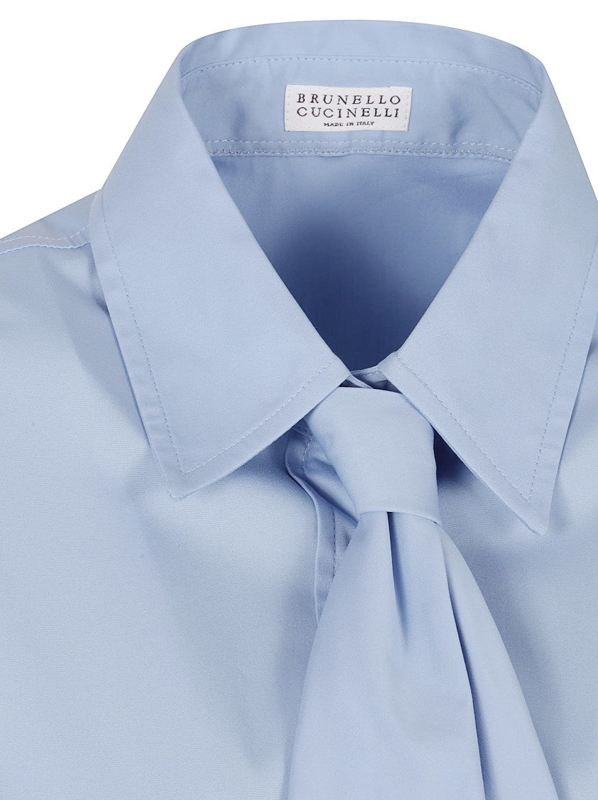 Brunello Cucinelli Light Blue Shirt With Front Tie Detail And Classic Collar