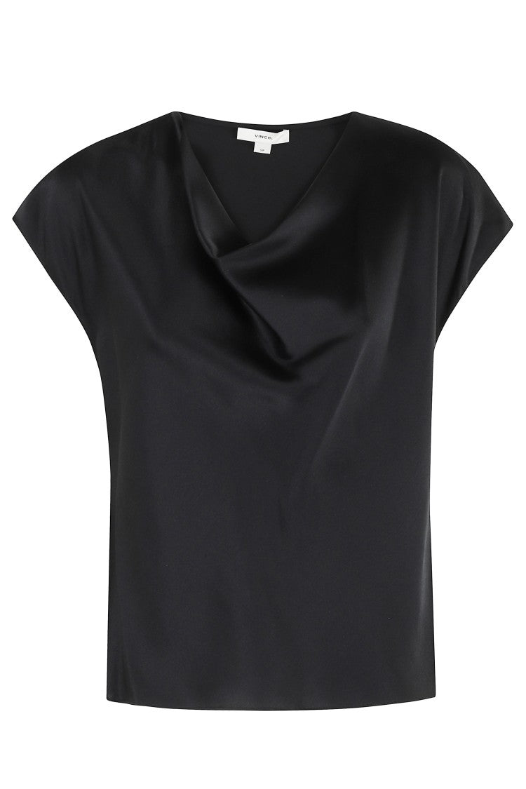 Vince Black Cowl Neck Cap-Sleeve Silk Blouse
