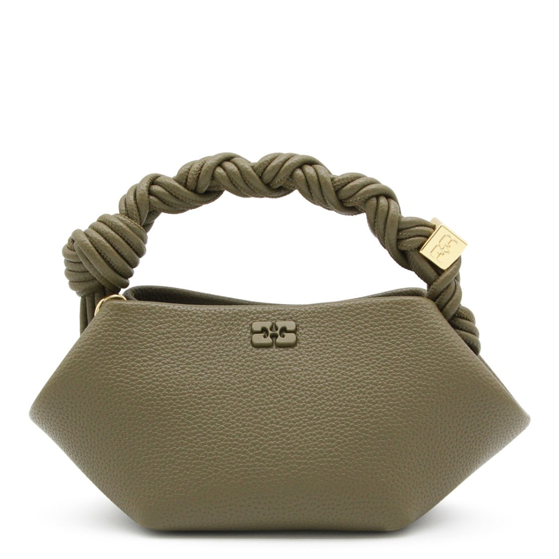 Ganni Military Green Top Handle Bag With Twisted Design And Gold Accents