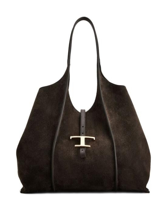 Tod's Soft-Structured Brown Suede Shoulder Bag With T-Buckle Closure