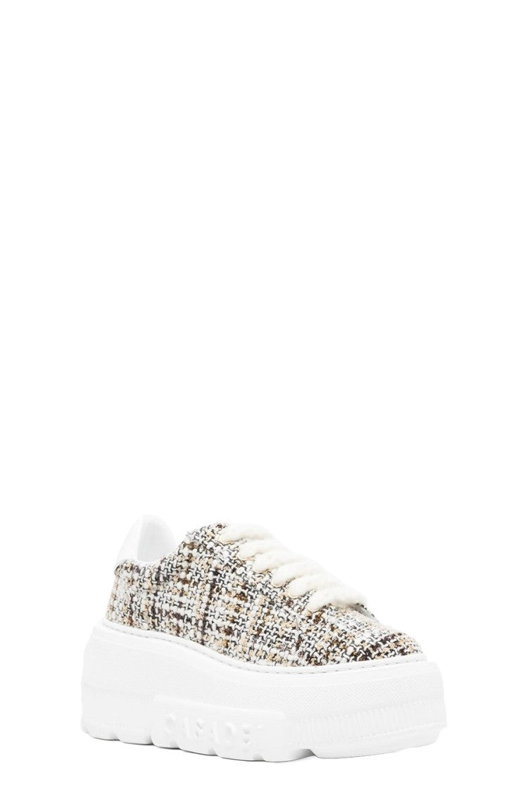 Casadei Beige Tweed-Effect Lace-Up Platform Sneakers