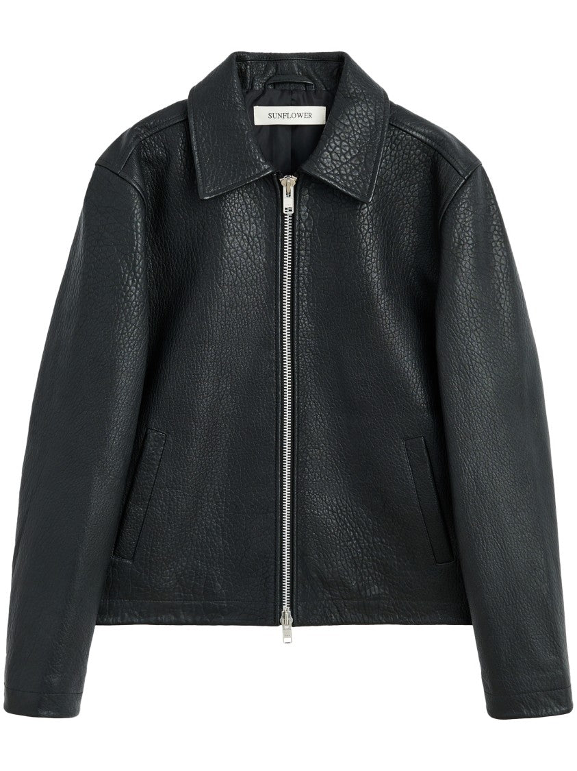 Sunflower Short Leather Jacket Black Collared Leather Jacket