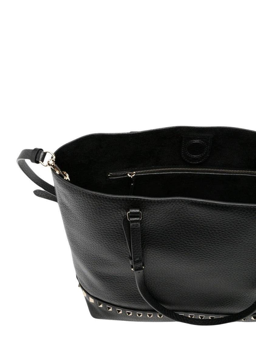 Valentino Black Rockstud Medium Pebbled Calf Leather Tote Bag