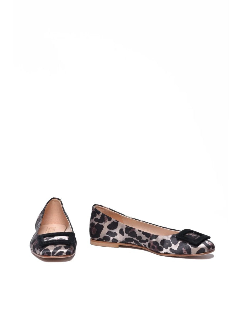 Giancarlo Abbigliamento Beige Black Leopard Print Satin Ballet Flats