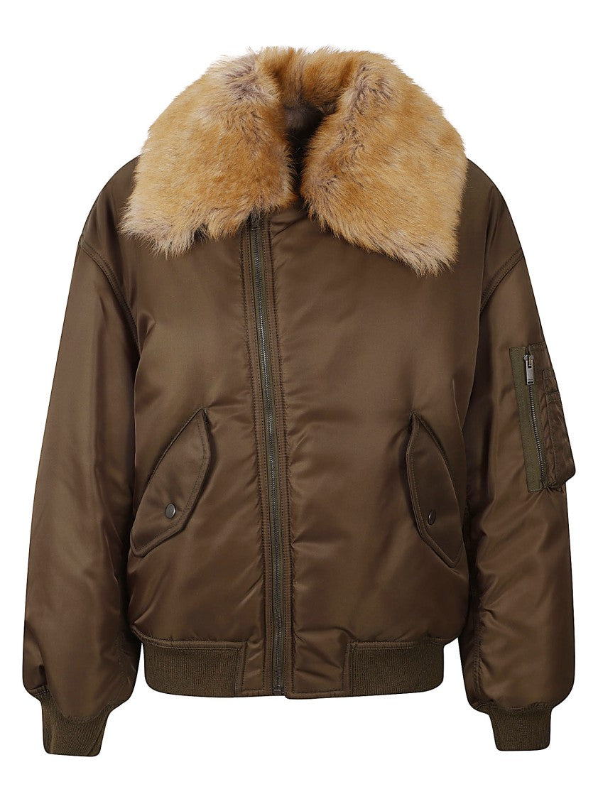 Saint Laurent Short Coat With Plush Fur Collar And Ribbed Details