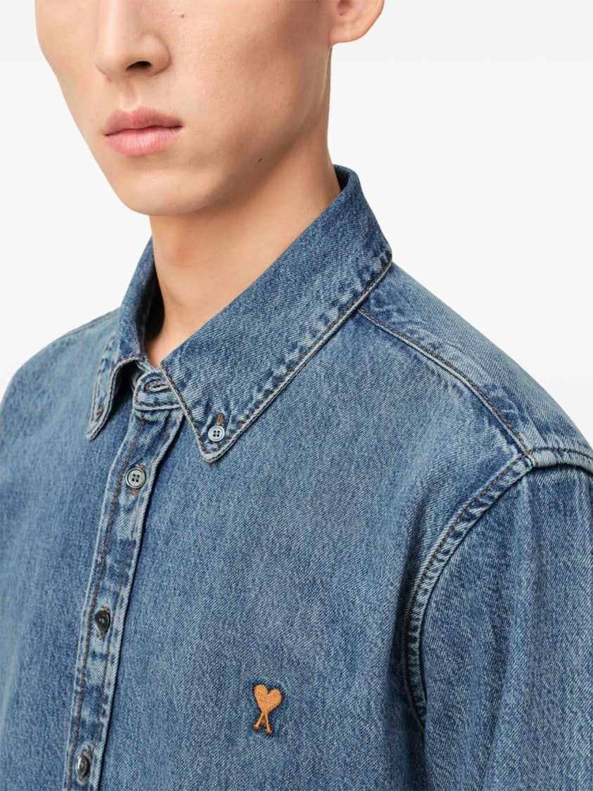 Ami Paris Button-Down Denim Shirt With Subtle Fading