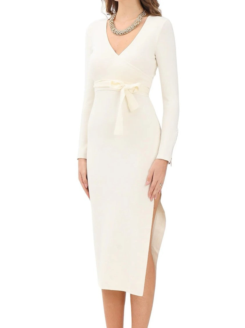 Akep Beige Knit Midi Dress With Fitted Silhouette And Side Slit