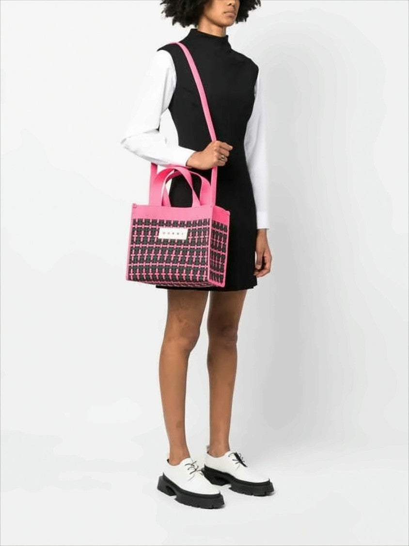 Marni Woven Rectangular Tote Bag With Pink Handles And Detachable Strap