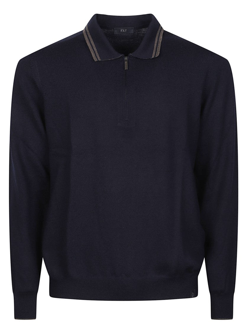 Fay Half Zip Striped Knit Virgin Wool Sweater