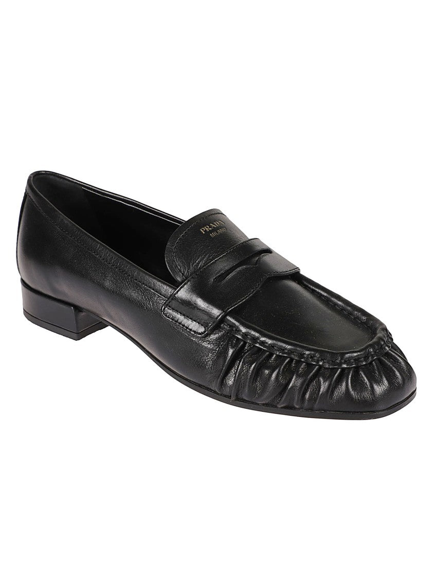 Prada Gathered Black Leather Loafers With Penny Strap