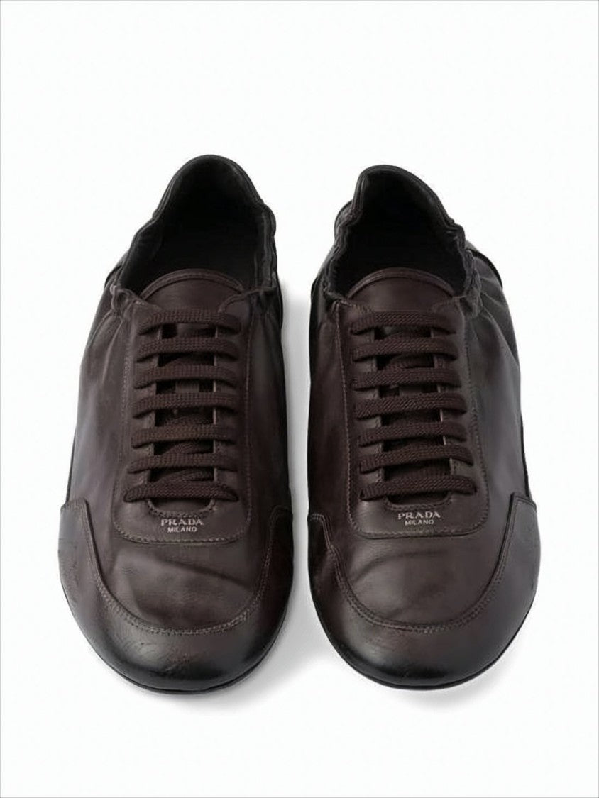 Prada Brown Calf Leather Sneakers With Minimalist Design