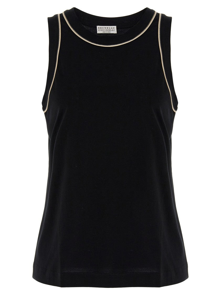 Brunello Cucinelli Black Cotton Tank Top With Contrasting Details