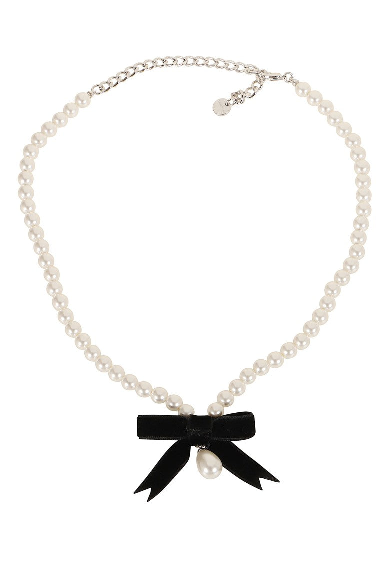 Self-Portrait White/Black Black Bow Pearl Velvet Necklace