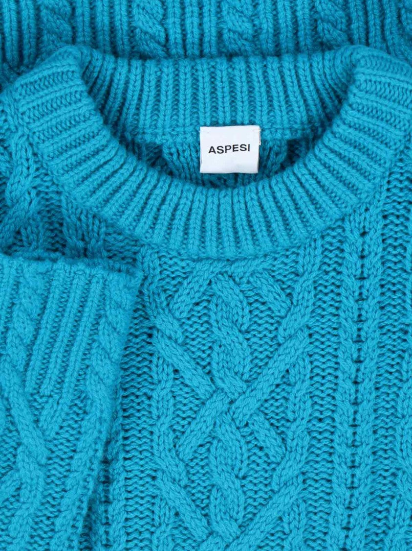 Aspesi Wool Cable Sweater, Light Blue, Crew Neck