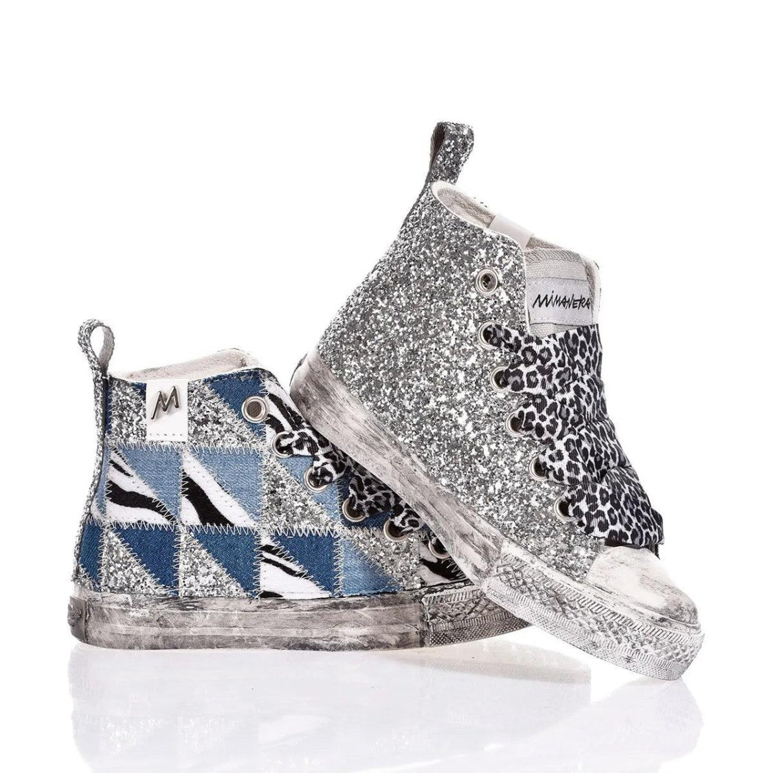 Mimanera Handmade Denim Patch High-Top Sneakers With Leopard Laces