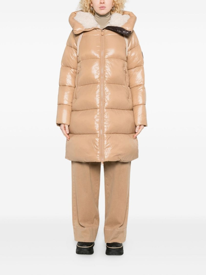 Save The Duck Beige Shiny Puffer Coat With Quilted Design