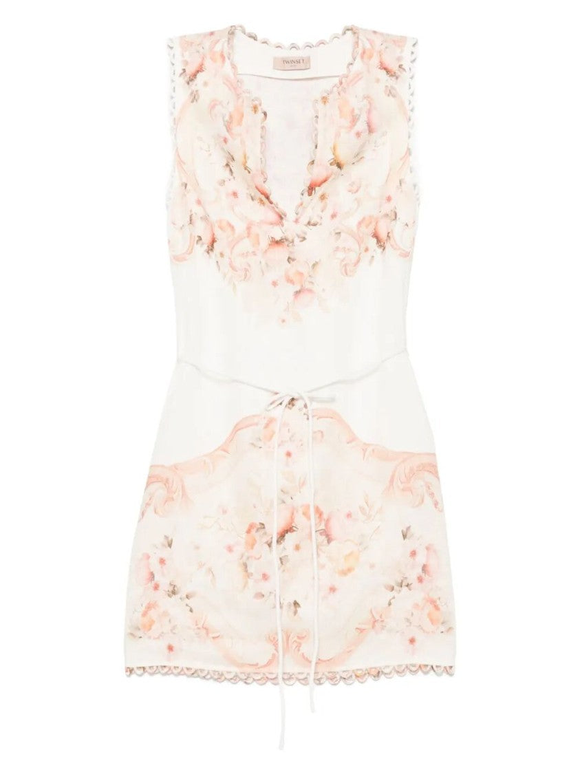 Twin-Set Floral Print Mini Dress With Cinched Waist