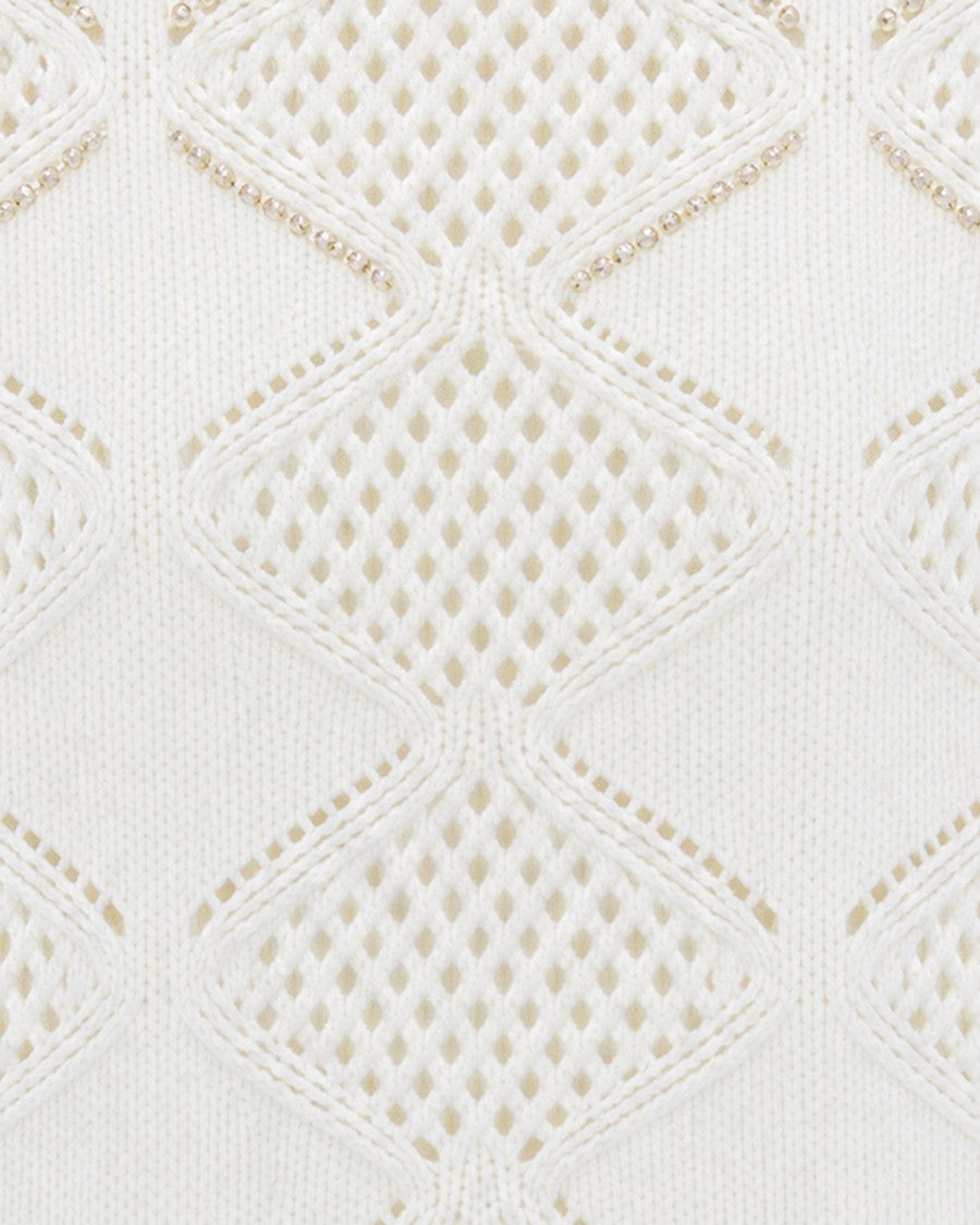 Liu Jo White High-Neck Openwork Pearl Embellished Wool Sweater