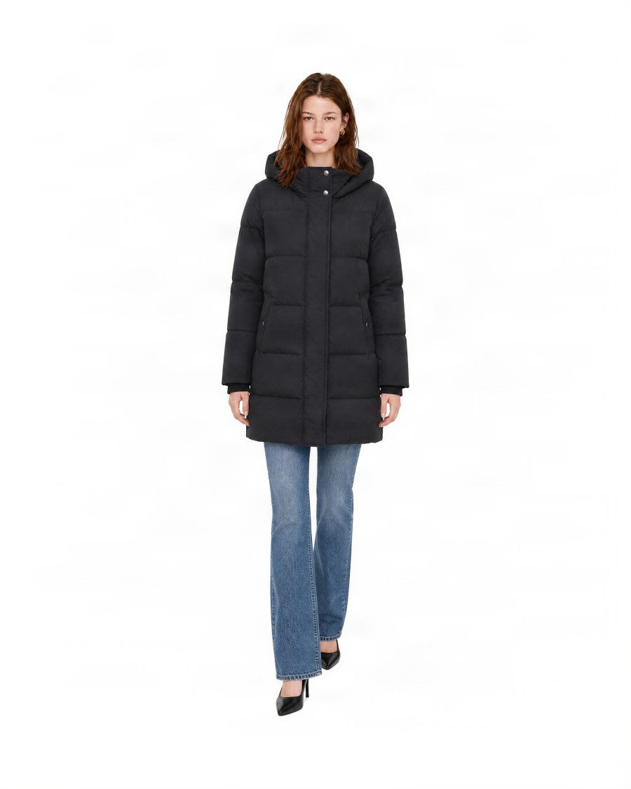 Woolrich Long Hooded Horizontal Quilted Down Jacket