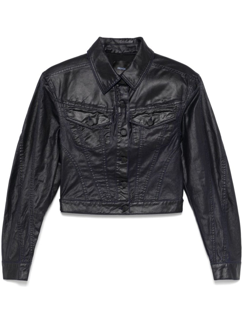 Mugler Cropped Midnight Blue Wax-Effect Jacket